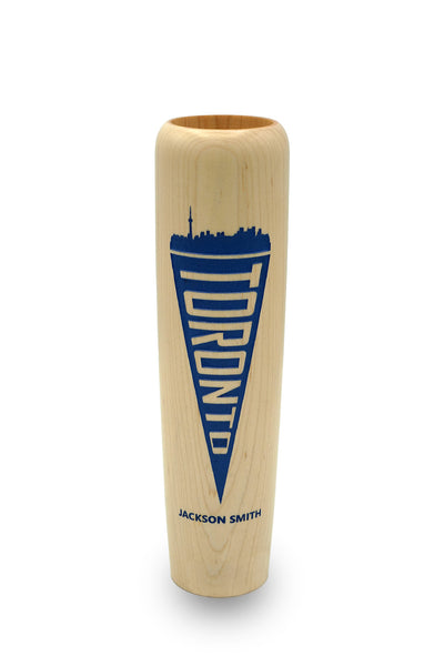 Fan's Favorite Wooden With Royal Blue Paint Team Bat Mug With Toronto Space Needle Skyline Silhouette Pennant Flag Design Included